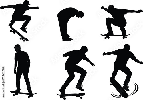 Silhouette skateboarders performing tricks, skateboarding poses, aerial jump, flip spin,