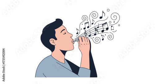Musical Expression: A young man exudes melody and rhythm through the simple act of playing the whistle, evoking harmony