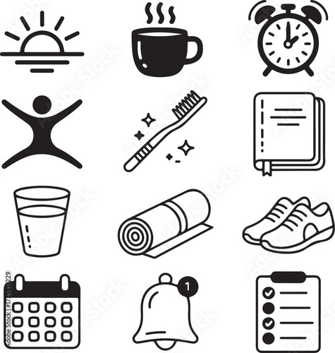 Nine Icons Representing Morning Routine Activities With Transparent Background graphic