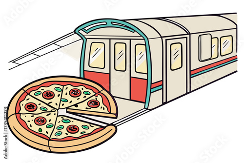 Pizza slice in front of a subway train