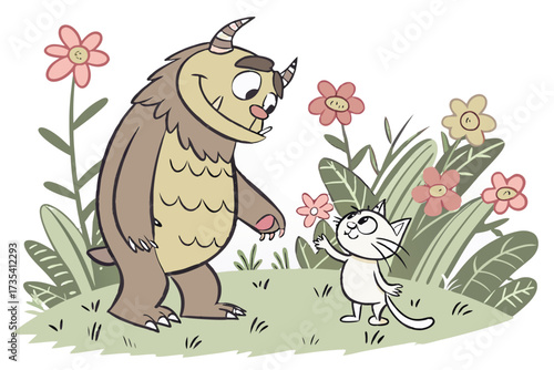 Friendly monster and cat in a garden with flowers