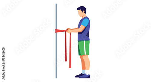 Illustration demonstrating a person performing a wall chest stretch using a resistance band for muscle flexibility and improved posture exercises