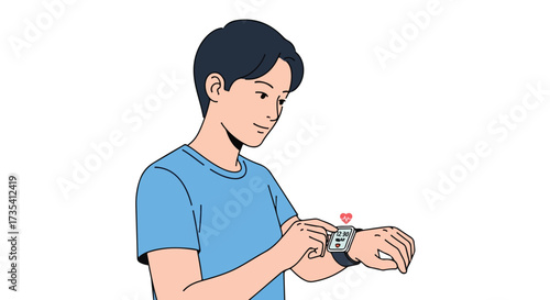 Illustration of a young man checking health data and notifications on his smartwatch, highlighting modern wellness management with portable technology