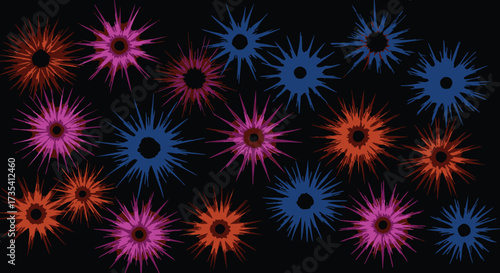 Vibrant neon starbursts in multicolored hues against a dark background, creating a dynamic and energetic visual effect from a straightforward viewpoint.