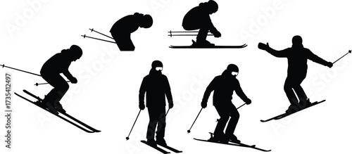 Silhouette skiers in motion, skiing poses, winter sport, downhill skiing, ski jump, outdoor snow