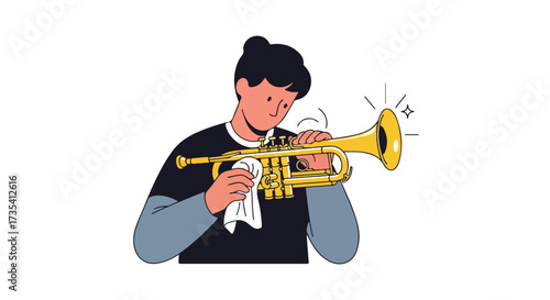 Musician meticulously polishing a gleaming trumpet, reflecting dedication and care, symbolizing practice and passion for music and instruments