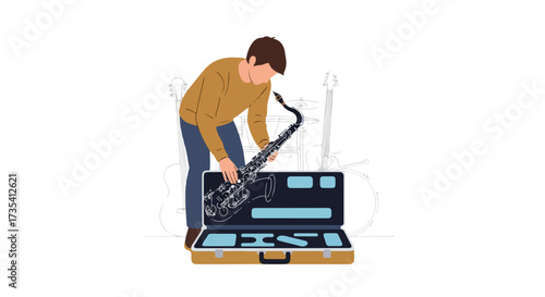 Illustration depicting a musician carefully retrieving a saxophone from its case surrounded by other instruments and gear