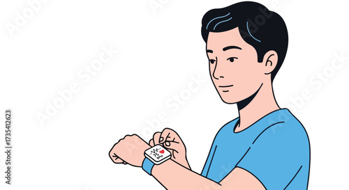 An illustration of a young man checking his smartwatch for health updates and vital signs insights which could be used for promotion of health and