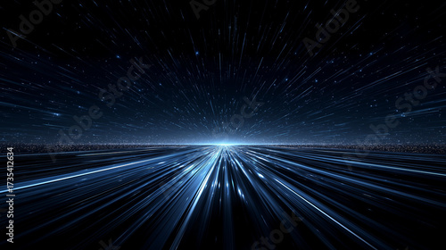Abstract blue light streaks converging towards a distant horizon under a starry night sky view