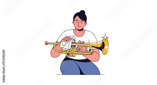 A musician meticulously polishes their trumpet, ensuring its gleaming surface reflects dedication to their craft and pursuit of sonic perfection