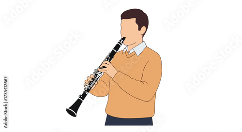 Illustration of a man playing clarinet in a cartoon style isolated on a plain background showing passion for woodwind instruments and artistic