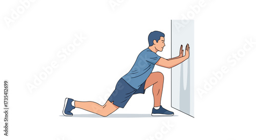 Man performing a wall calf stretch exercise for enhanced flexibility and muscle recovery in a minimalist illustration