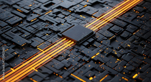 Modern CPU chip with glowing pathways conveys advanced technology and futuristic innovation, powering digital advancements
