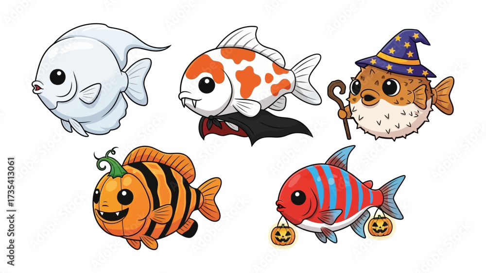 Obraz premium Underwater Halloween: A collection of creatively illustrated fish in vibrant costumes, perfect for celebrating the spooky season.