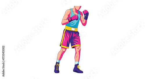 Dynamic stance of a poised cartoon boxer in action ready to fight or sparring wearing gloves and sport attire displaying physical prowess and