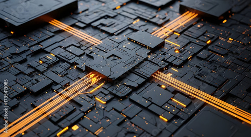 High tech motherboard with glowing pathways for modern technology and future innovations of circuit board design