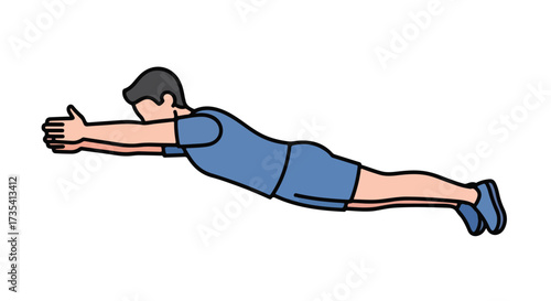 Illustration depicting a man in a superman plank position, demonstrating core strength and fitness exercise with focus on posture and form