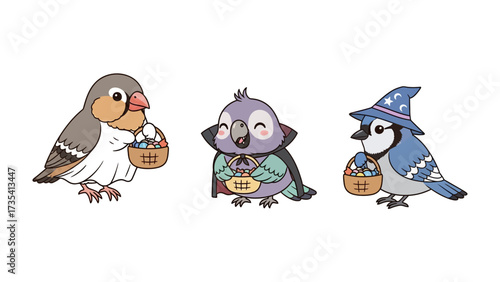 Bird Halloween Party: Three adorable illustrated birds, dressed in whimsical costumes, are ready for a festive Halloween celebration, capturing the spirit of trick-or-treating and holiday fun.