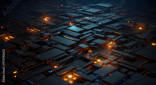 Intricate network of illuminated blocks creating a futuristic tech landscape for innovation and connectivity projects