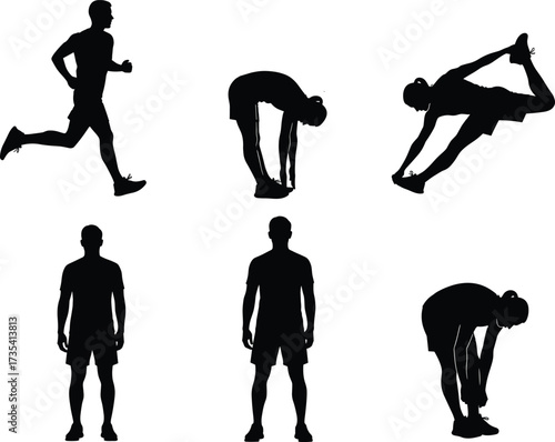 Silhouette athletes stretching, running posture, fitness exercise, warm up routine, shoelace tying,