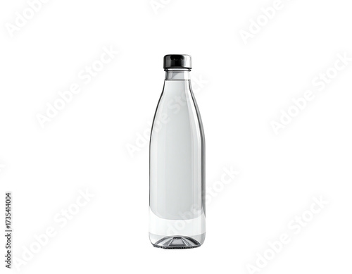 Clear glass bottle with black cap isolated on a solid black background