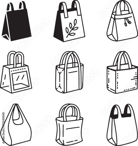 Nine assorted line art eco shopping bags with handles on white background eco bag reusable bag