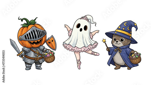 Halloween Characters: An illustration depicts charming Halloween characters including a pumpkin knight, a spectral ballerina, and a wizardly animal.