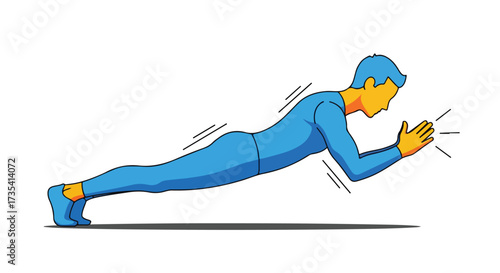 Cartoon illustration of a person demonstrating the plank exercise position for core strengthening and physical fitness routine progression