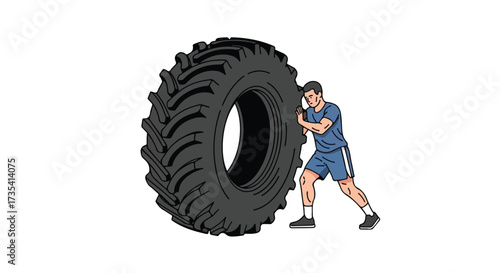 Man Demonstrates Strength by Pushing Giant Tire in Intense Workout Routine for Overall Fitness Enhancement and Body Conditioning with a white