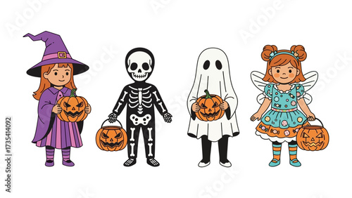 Spooky Characters: A vibrant illustration featuring a quartet of costumed children, each embodying a classic Halloween character.