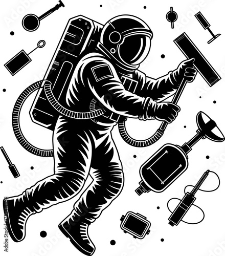 Astronaut Tending to Space Station Equipment Using Specialized Tools in the Vastness of Outer Space
