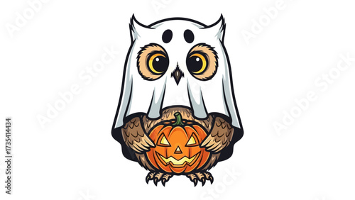 Spooky Owl with Halloween Spirit: A whimsical illustration of an owl adorned in a ghost costume, tenderly cradling a carved pumpkin, embodying the festive spirit of Halloween.