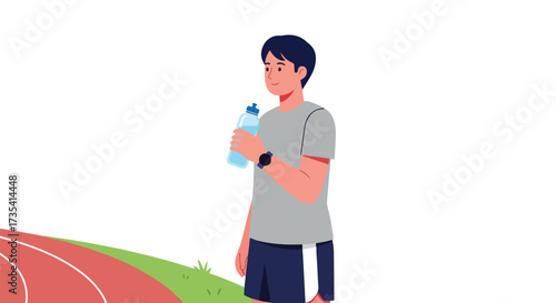 Athletic man taking a hydration break during his workout on the running track with bottle of water