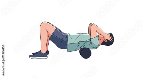 Person using foam roller for back exercise illustration on white background for well being routine physical therapy and muscle relaxation