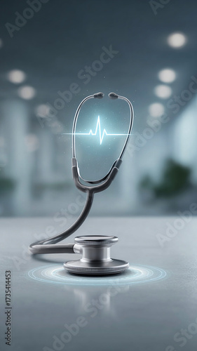 Professional stethoscope with glowing heartbeat line, symbol of future medical technology and healthcare innovation in modern clinic background.