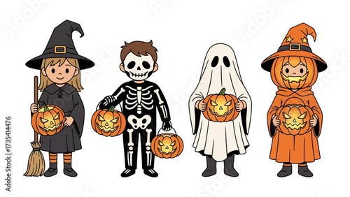 Halloween Costume Group: A vibrant illustration depicts four children, each adorned in unique and creative Halloween costumes, accompanied by their iconic pumpkins.