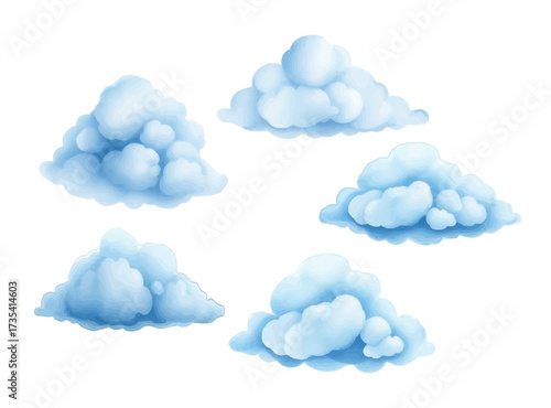 Watercolor clouds set in blue shades. Hand-painted fluffy sky elements transparent PNG. Children’s illustrations, fantasy art, dreamy sky, and weather-themed design vector.