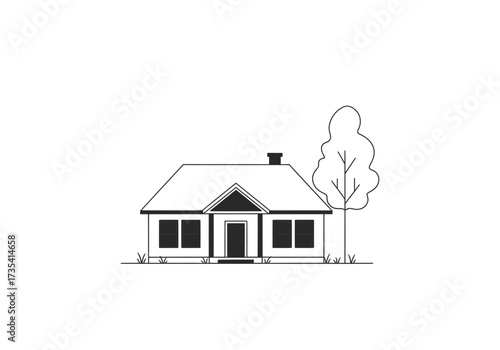 Illustration of a cozy house a tree, simple architecture serene surroundings
