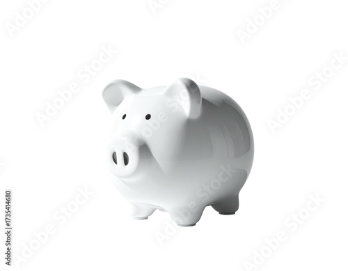 A glossy, white ceramic piggy bank, isolated against a stark black background