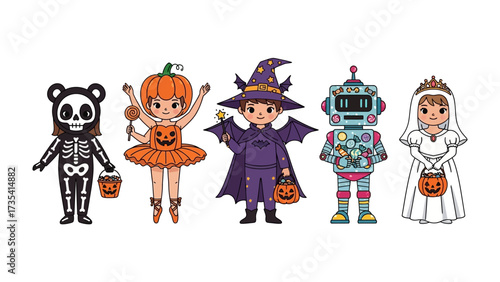Halloween Kids' Parade: Delightful children in unique Halloween costumes gather for a festive parade, exuding the fun and excitement of the holiday season. 