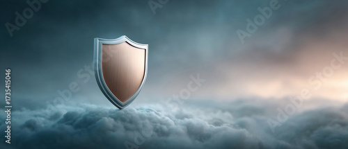 Secure shield icon offers protection and safety, symbol of hope against dark, stormy cloud background. concept of security and trust.