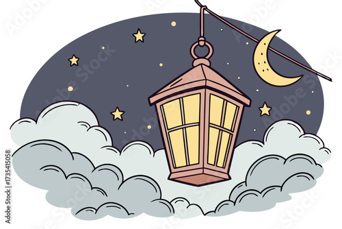 Lantern hanging in the night sky with moon and stars