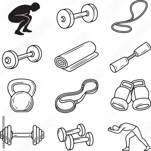 Set of nine line art home workout routine icons with transparent background fitness exercise