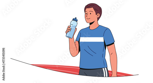 Male athlete hydrating after training, vector illustration of a young man holding a reusable water bottle and standing near a running track