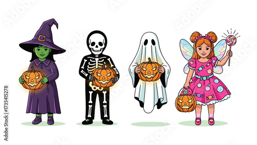 Halloween Fun: Four children in delightful costumes, each clutching a carved pumpkin, embodying the essence of Halloween spirit with festive cheer and anticipation for trick-or-treating.