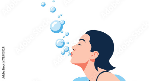Abstract vector illustration of a girl blowing bubbles with eyes closed against a light background, demonstrating a meditative mood
