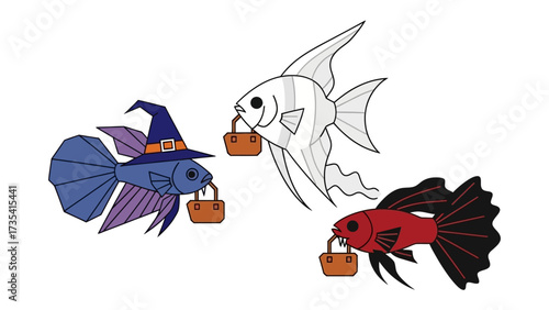 Fishes Trick-or-Treat: Delightful illustration of three cartoon fishes, each holding a trick-or-treat bag, captures a spirited celebration.