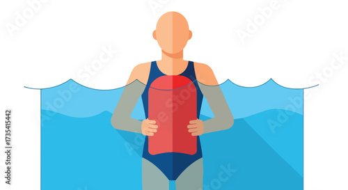 Swimming learning, illustration of swimmer in pool, using kickboard for buoyant assistance and aquatic exercise and technique practice and enhancing