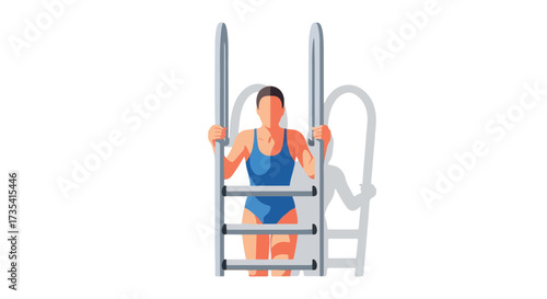 A stylized vector illustration of a woman climbing a swimming pool ladder with minimalist design and a sense of athletic activity