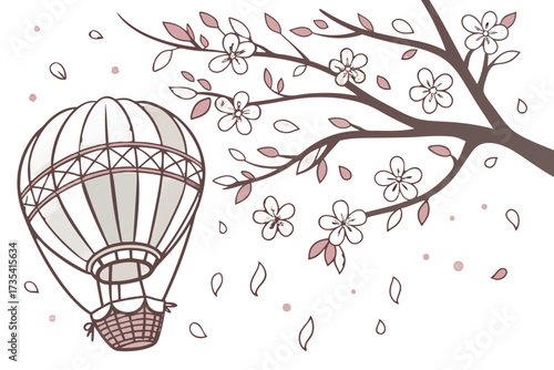 Hot air balloon floating near cherry blossom tree